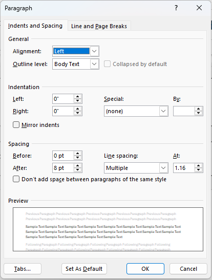 Paragraph Options Indents and Spacing